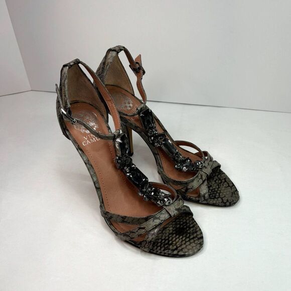 Vince Camuto Leather Snakeskin Open Toe Pumps Heels Buckle Grey Jeweled Womens - Picture 9 of 12